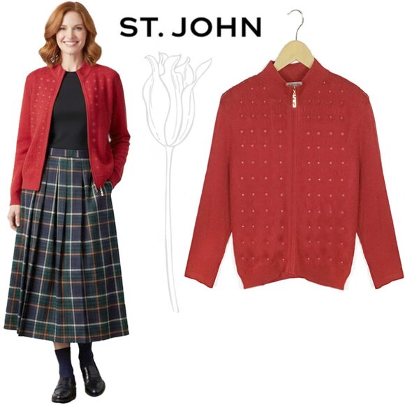 St. John Sport by Marie Gray Sweaters - St John Sport  Vintage Red Wool Blend Clear Sequins Embellishment Sweater